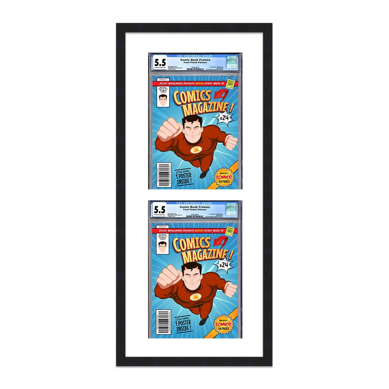 Comic Book Display Frame for CGC, PGX Graded, Slabed Comics - Black Wood Comic Frame With White Mat for 8.125x13 Comics, 18 Frame Sizes